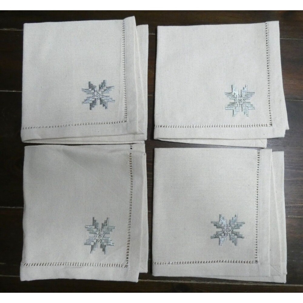 Unbranded Set of 4 Let It Snow Snowflake Embroidered Linen Napkins 14.5" Square